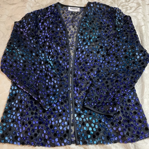 Kasper Dress Women’s SZ 14 Semi-Sheer Polka-Dot Cover Up Open Front Cardigan - Picture 10 of 12